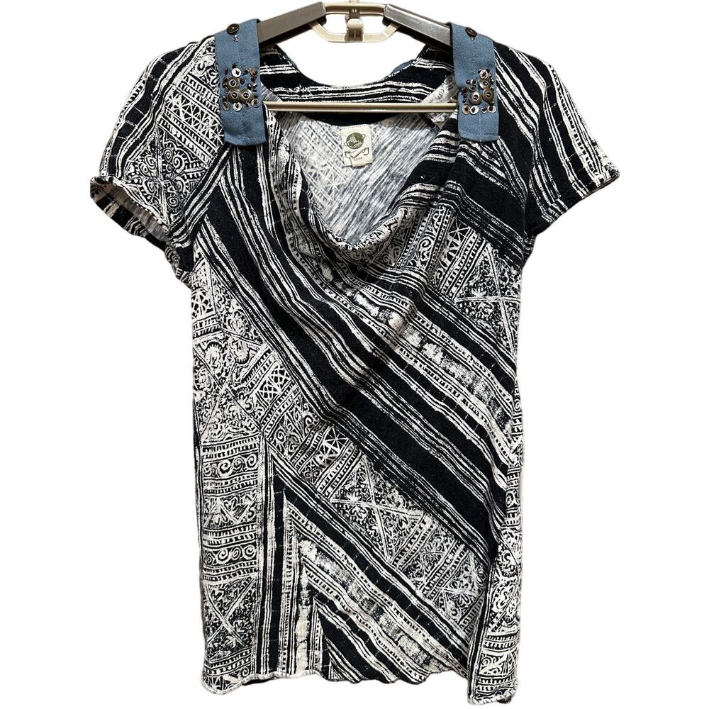 Anthropologie Tiny Shirt S Black White Short Sleeve Cotton Cowl Neck Tunic